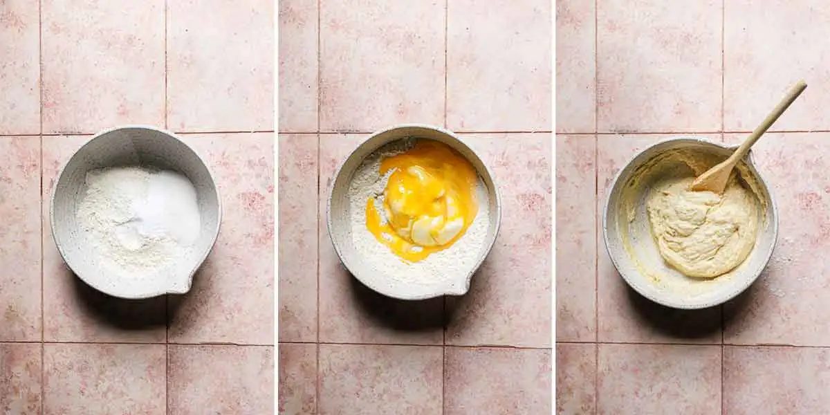 Three step by step photos of mixing together the batter for zeppole.