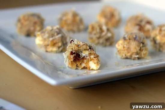 Close-up of date, coconut, and walnut truffles, beautifully arranged on a ceramic serving tray.