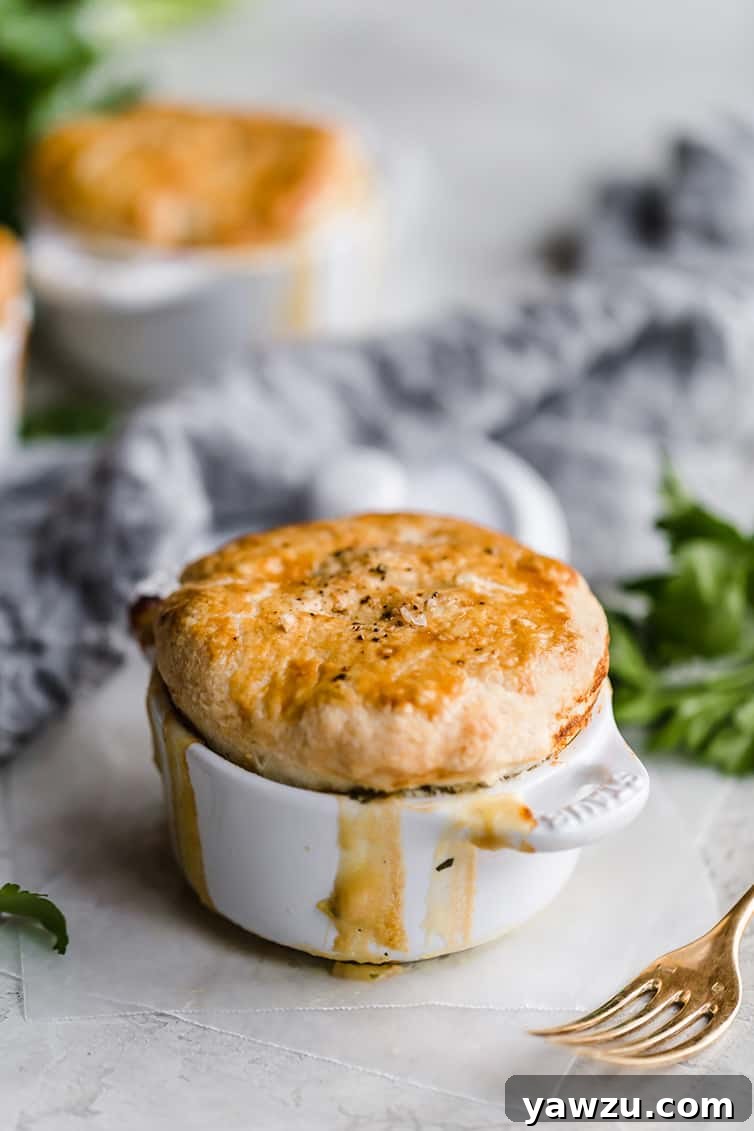 Baked chicken pot pie in a ramekin.
