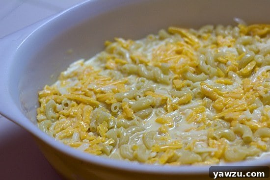 Noodles and cheese mixture spread into a baking dish before baking.