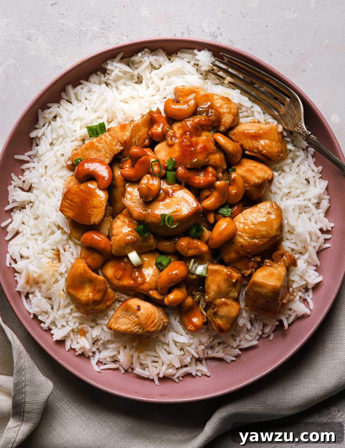 Stir-fried cashew chicken over white rice on a pink plate with a fork on the side.