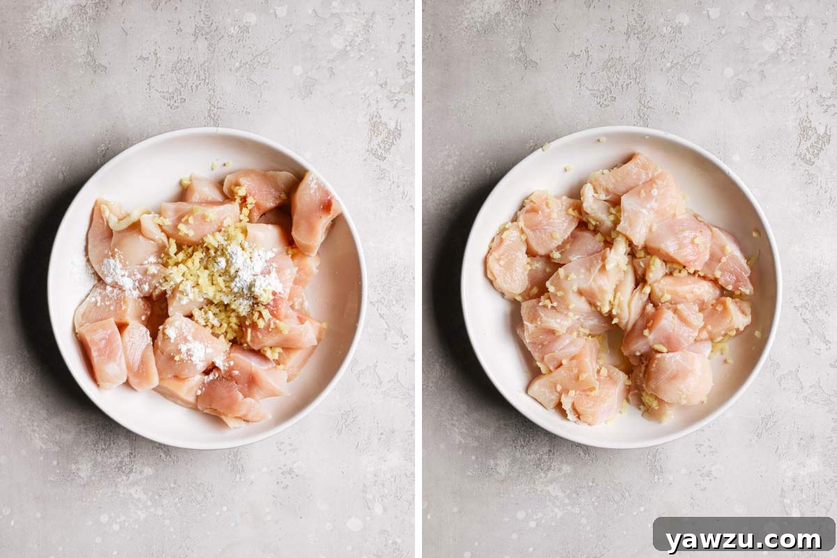 Chicken cubed and tossed with cornstarch, sherry and ginger.