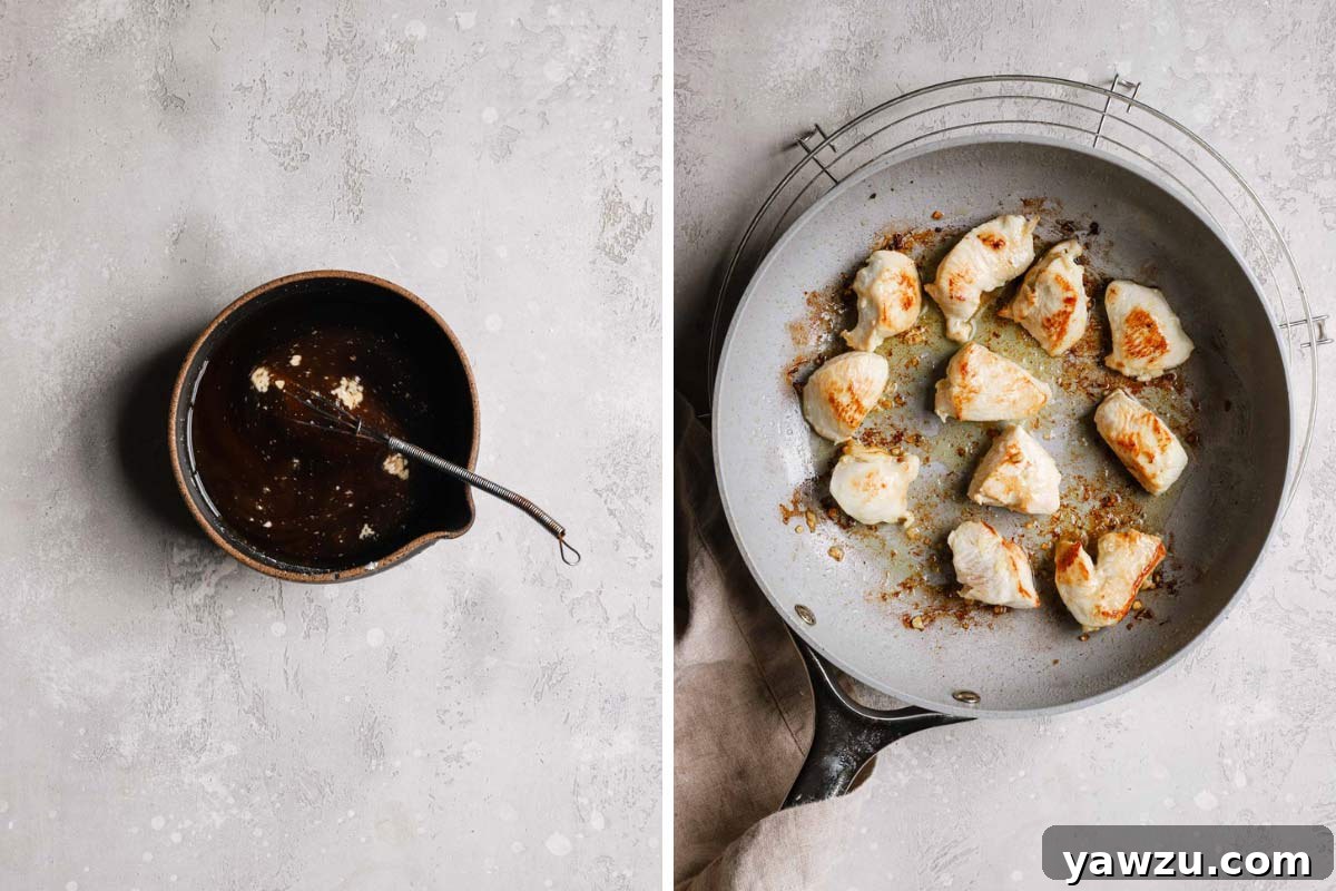 Side-by-side photos of cashew chicken garlic sauce and stir-fried chicken.