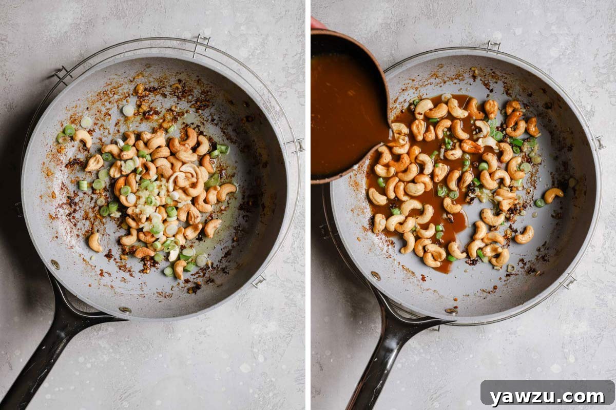 Cashews, green onions, and garlic sautéed and tossed in a brown sauce.