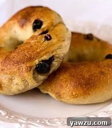2 blueberry bagels on a white plate.