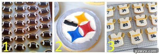 Collage of three decorated sugar cookies: a football, a Pittsburgh Steelers logo cookie, and a Steelers jersey cookie.
