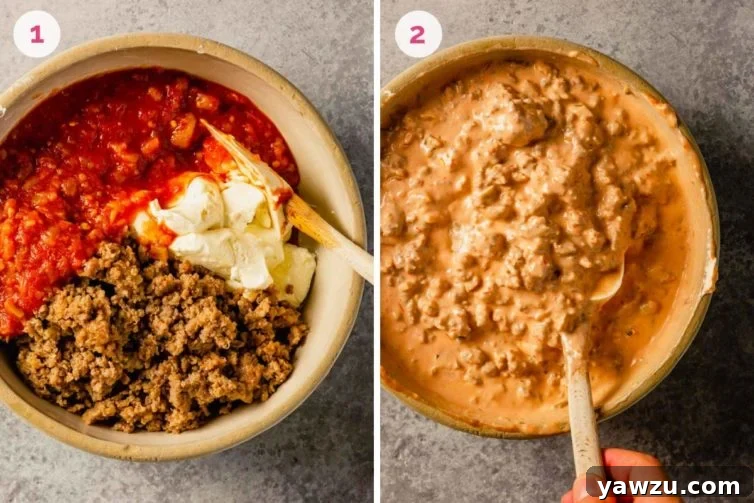 A white bowl on the left with the ingredients for sausage dip before mixing together and the number 1 and a bowl on the right with the fully mixed sausage dip on the right with a hand holding the spoon and the number 2.