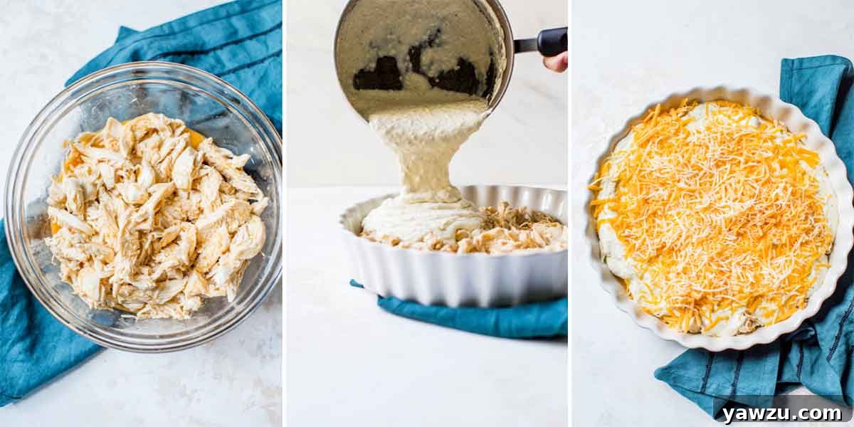 Three photo collage of preparing buffalo chicken dip before baking.