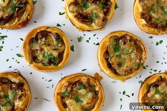 Overhead shot of caramelized onion, mushroom, and gruyere tartlets arranged on a white serving platter with fresh herbs.