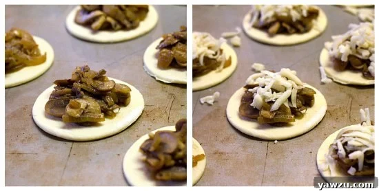 Two images showing the step-by-step assembly of caramelized onion, mushroom, and gruyere tartlets on a baking sheet.
