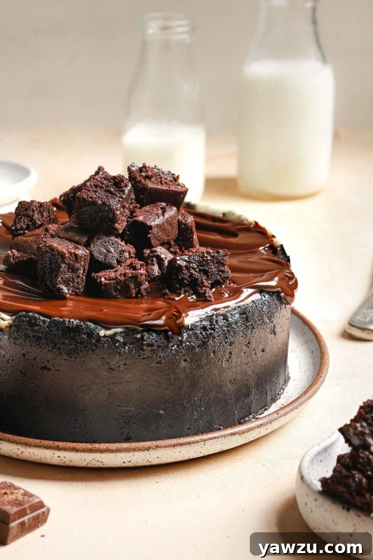 unsliced brownie cheesecake with oreo crust and chocolate ganache, ready to be served