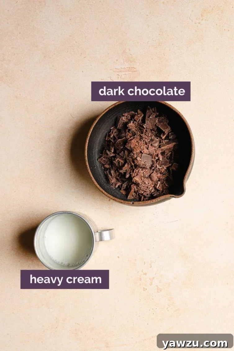 labeled ingredients for the dark chocolate ganache, showing chopped dark chocolate and heavy cream