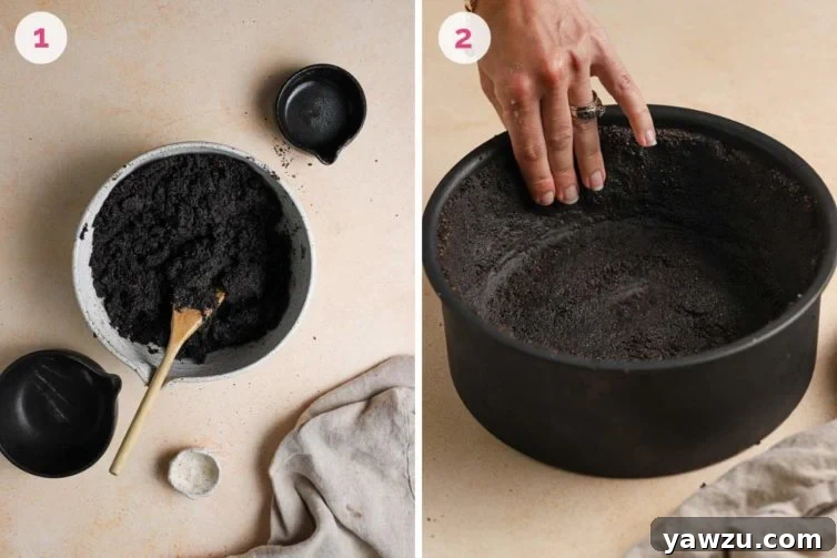 step-by-step photos showing how to make the oreo crust, from mixing crumbs to pressing into the pan