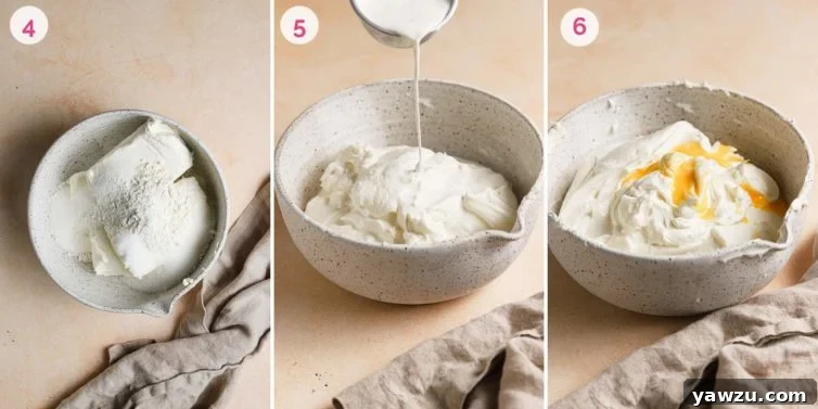 step-by-step photos of making the cheesecake filling, showing cream cheese being beaten and brownie cubes folded in