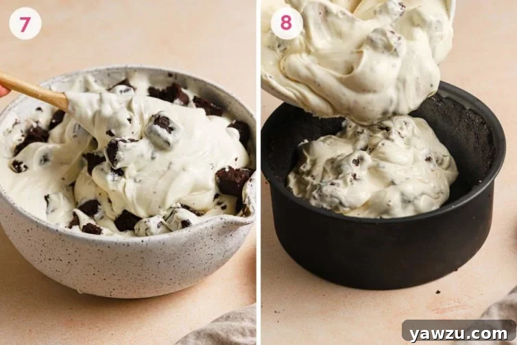 step-by-step photos of preparing the brownie cheesecake to be baked, showing the filling in the crust and placed on a baking sheet