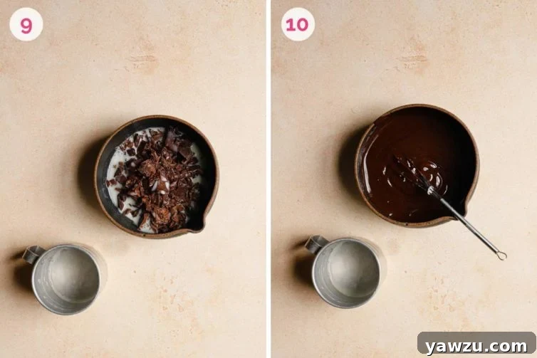 step-by-step photos showing how to make dark chocolate ganache, from heating cream to whisking until smooth