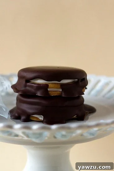 Stack of 2 moon pies on a white dessert stand.
