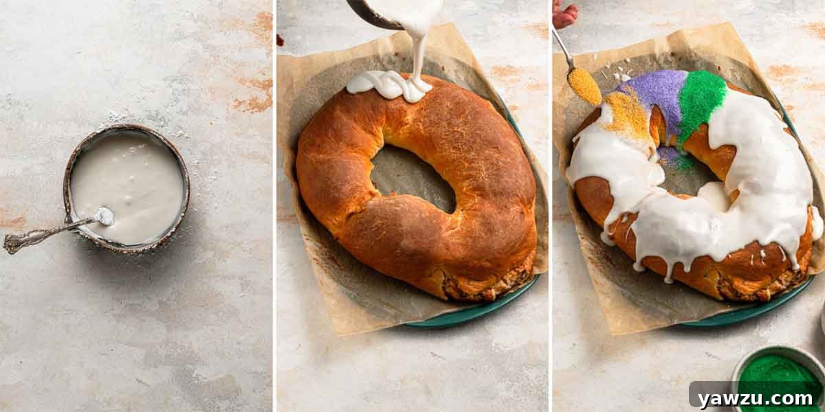 A set of photos showing how to ice and decorate a king cake after it has been baked.