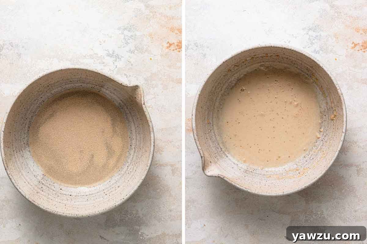 Yeast, water, and sugar mixed in a bowl and left to bloom.