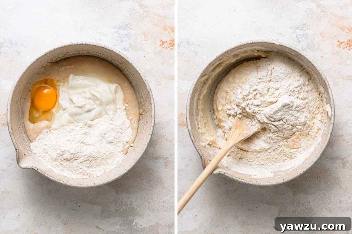 Side by side photos of egg and flour being added to king cake dough and mixed with a wooden spoon.