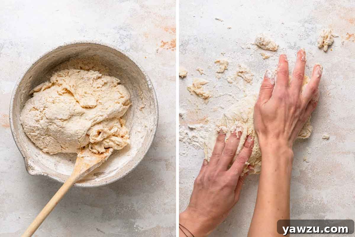 Photos of king cake dough being kneaded by hand.