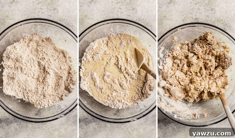 Three side by side photos of the making of Irish Brown Bread the first shows just the dry ingredients, the middle shows the dry ingredients topped with wet ingredients, and the third photo shows the dough in a bowl mixed with a wooden spoon.
