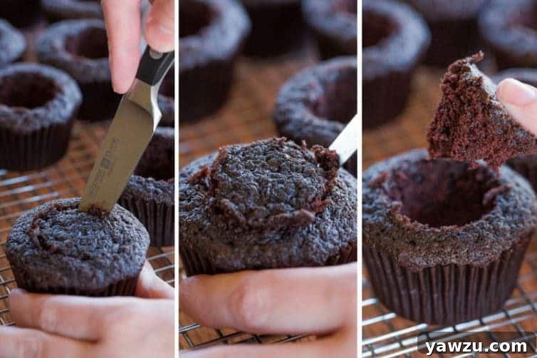 Rich Jameson whiskey ganache is generously spooned into the core of each Guinness chocolate cupcake, promising a boozy surprise.