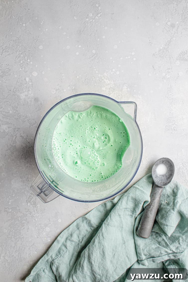 A blender filled with a freshly made homemade McDonald's shamrock shake, ready to be poured.