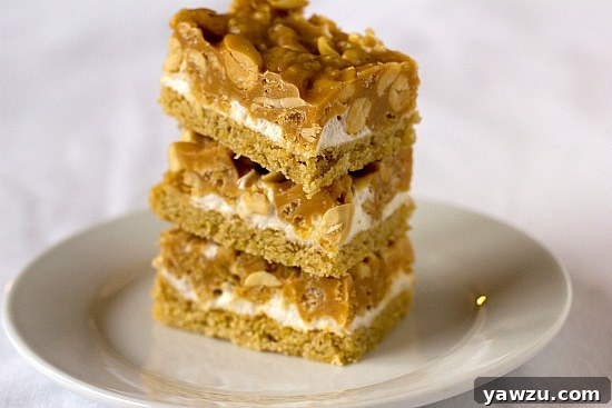 Stack of 3 salted peanut chew bars on a white plate.