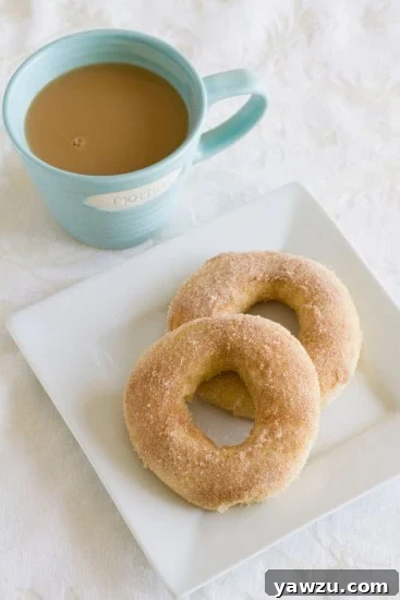 Two freshly baked cinnamon sugar doughnuts on a white plate, served with a cup of coffee, showcasing a perfect homemade breakfast.