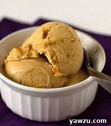 Scoops of salted caramel ice cream in a white bowl with a spoon.