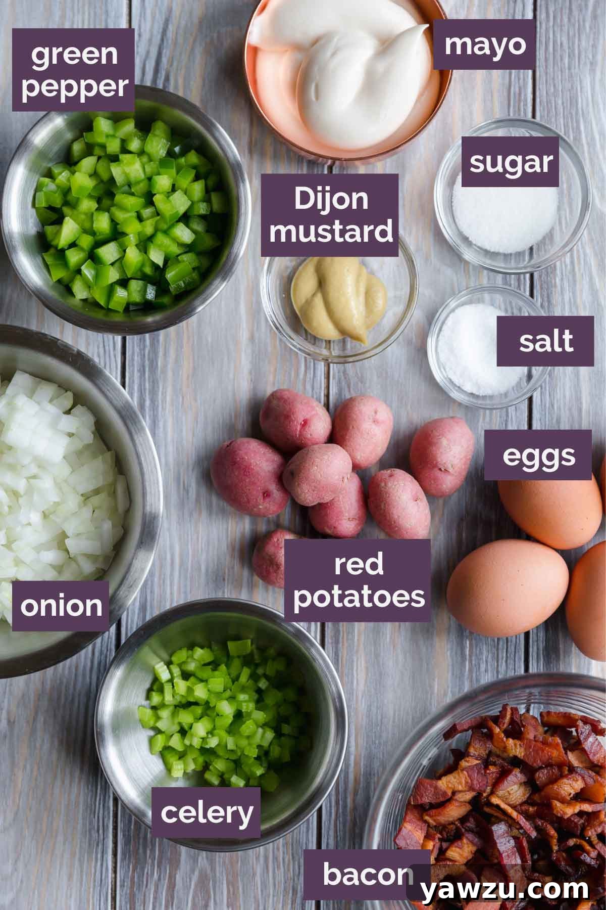 Ingredients for potato salad prepped and labeled.