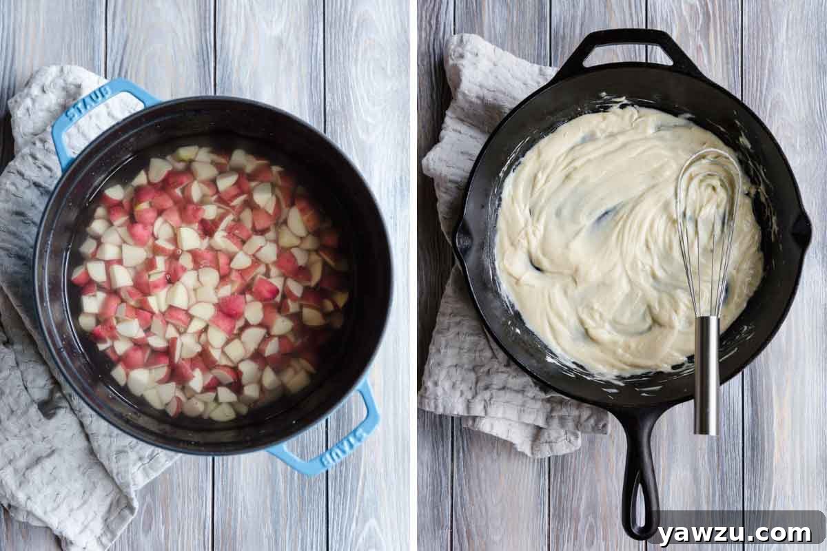 Side by side photos of potatoes boiling and potato salad dressing and a whisk in a cast iron skillet.