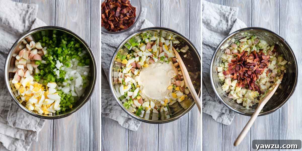A trio of images showing potato salad being mixed together with other ingredients, dressing, and bacon.