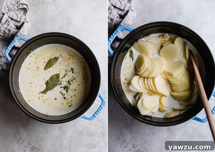 Dutch oven filled with liquid and herbs + Dutch oven containing sliced potatoes and sauce