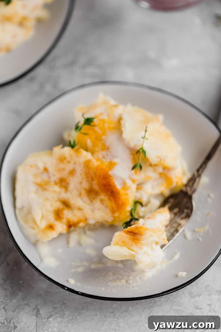 Bowl and fork with a bite of scalloped potatoes on it