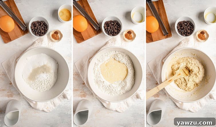 Step by step photos of mixing dough for hot cross buns, showcasing the initial stages of preparation.