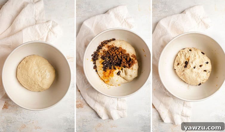 Step by step photos of mixing raisins and spices into dough, showing the dough being kneaded by hand.