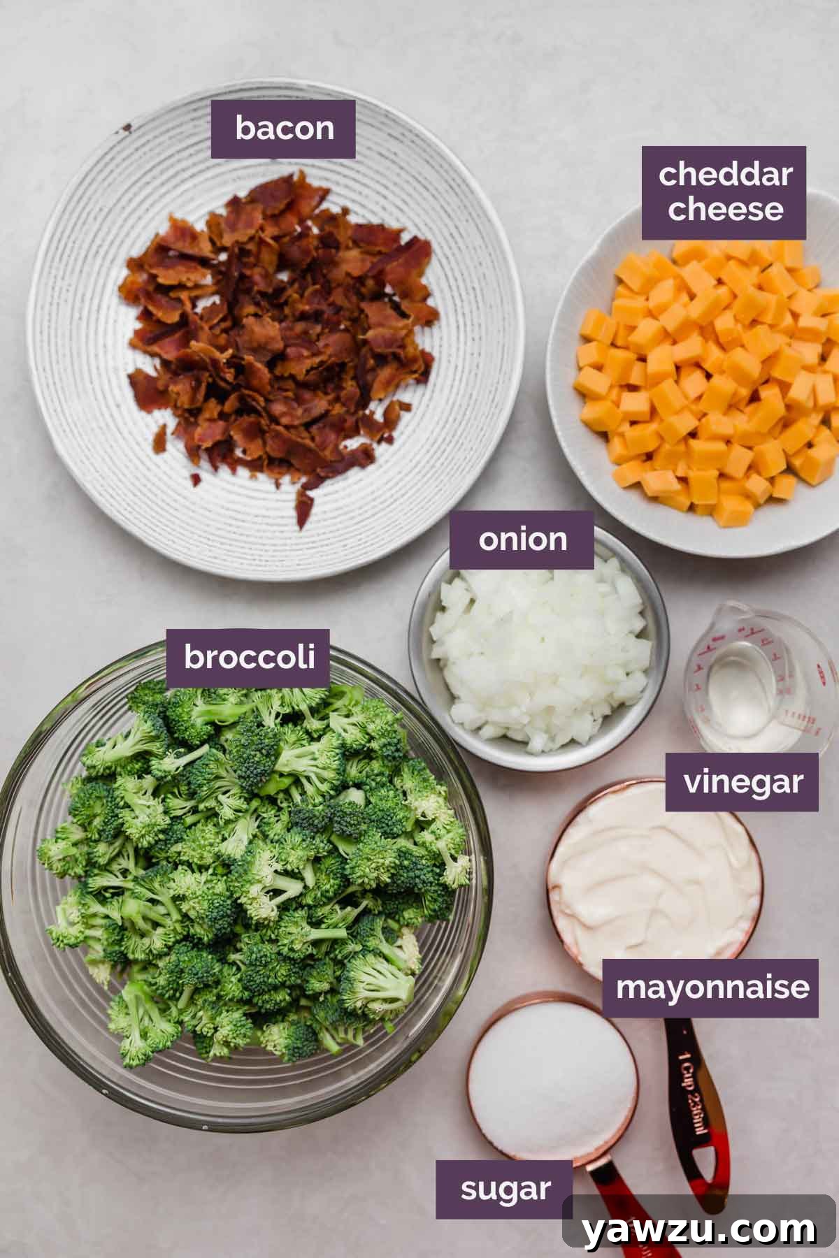 Ingredients for broccoli salad (bacon, cheddar cheese, onion, broccoli, mayonnaise, sugar, and vinegar) prepped and labeled on a white surface.