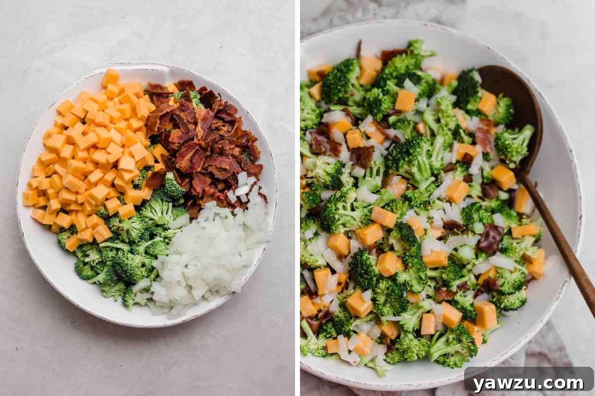 Ingredients for broccoli salad in separate piles in a white bowl, and photo of them all mixed together, showcasing the simple preparation.