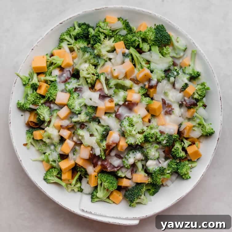 Broccoli Salad Recipe in a white bowl with a serving spoon.
