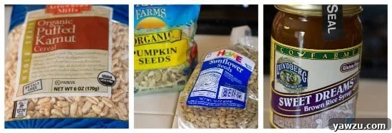 A vibrant collage displaying key ingredients for homemade granola bars: puffed cereal, bright green pumpkin seeds, salted sunflower seeds, and rich brown rice syrup.