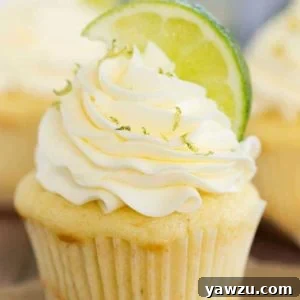 Vanilla cupcake topped with vanilla frosting, sprinkled with lime zest and topped with lime wedge.