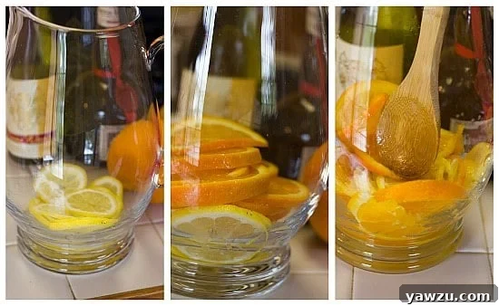 A three-panel collage demonstrating the simple steps to prepare white sangria in a pitcher: slicing fruit, combining ingredients, and stirring.