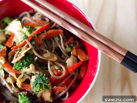 Overhead image of a serving of soba noodle stir fry with chopsticks in a red bowl.
