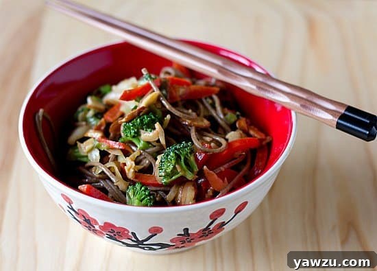 A serving of soba noodle stir fry with chopsticks in a red bowl.