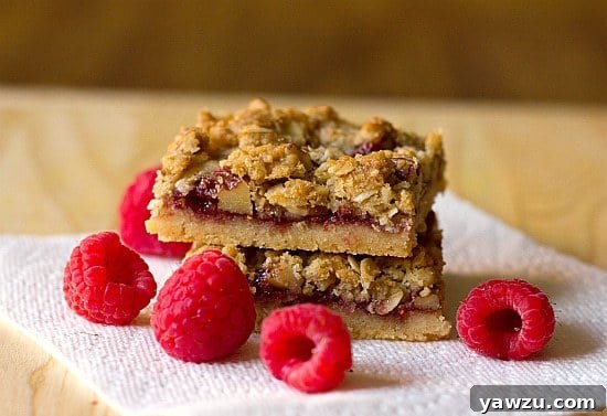 A delightful stack of two raspberry streusel bars, golden-brown and studded with vibrant raspberries, resting on a clean paper towel against a rustic wooden backdrop.