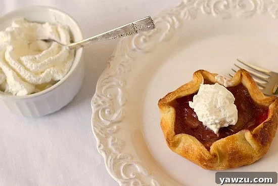 Rustic rhubarb pie tartlet, perfectly baked with a golden cornmeal crust and juicy pink filling, accompanied by a spoonful of whipped cream on a white plate.