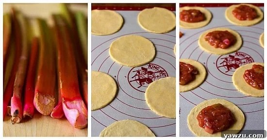 Collage showing the three essential steps for making rhubarb pie tartlets: fresh diced rhubarb, perfectly rolled dough rounds, and dough circles generously filled with the cooked rhubarb mixture.