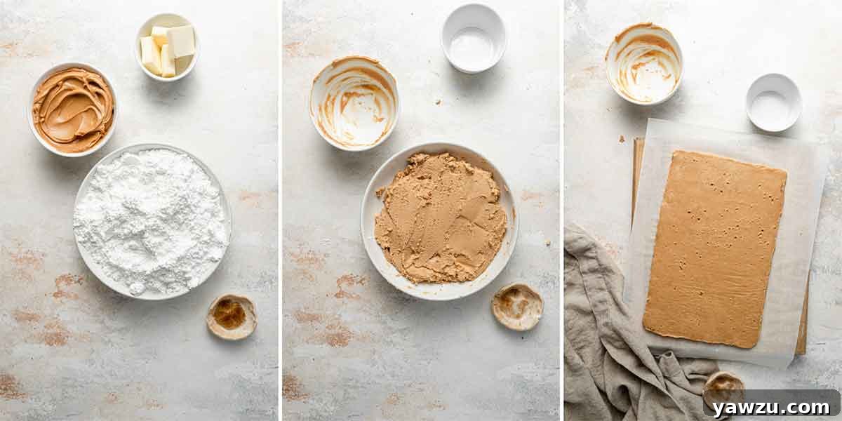 Process photos showing mixing together peanut butter filling and pressing and rolling into a rectangle, preparing it for the brownie layers.